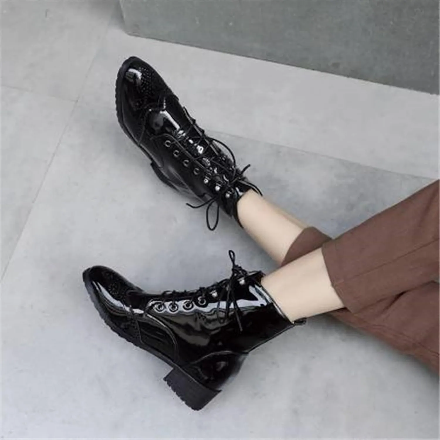 Women's Brogue Combat Ankle High Booties Platform Mid Block Heeled Pointed Toe Formal Lace Up Elegant Business Dress Bridal Church Boots Warm Winter Fall Comfy Shoes