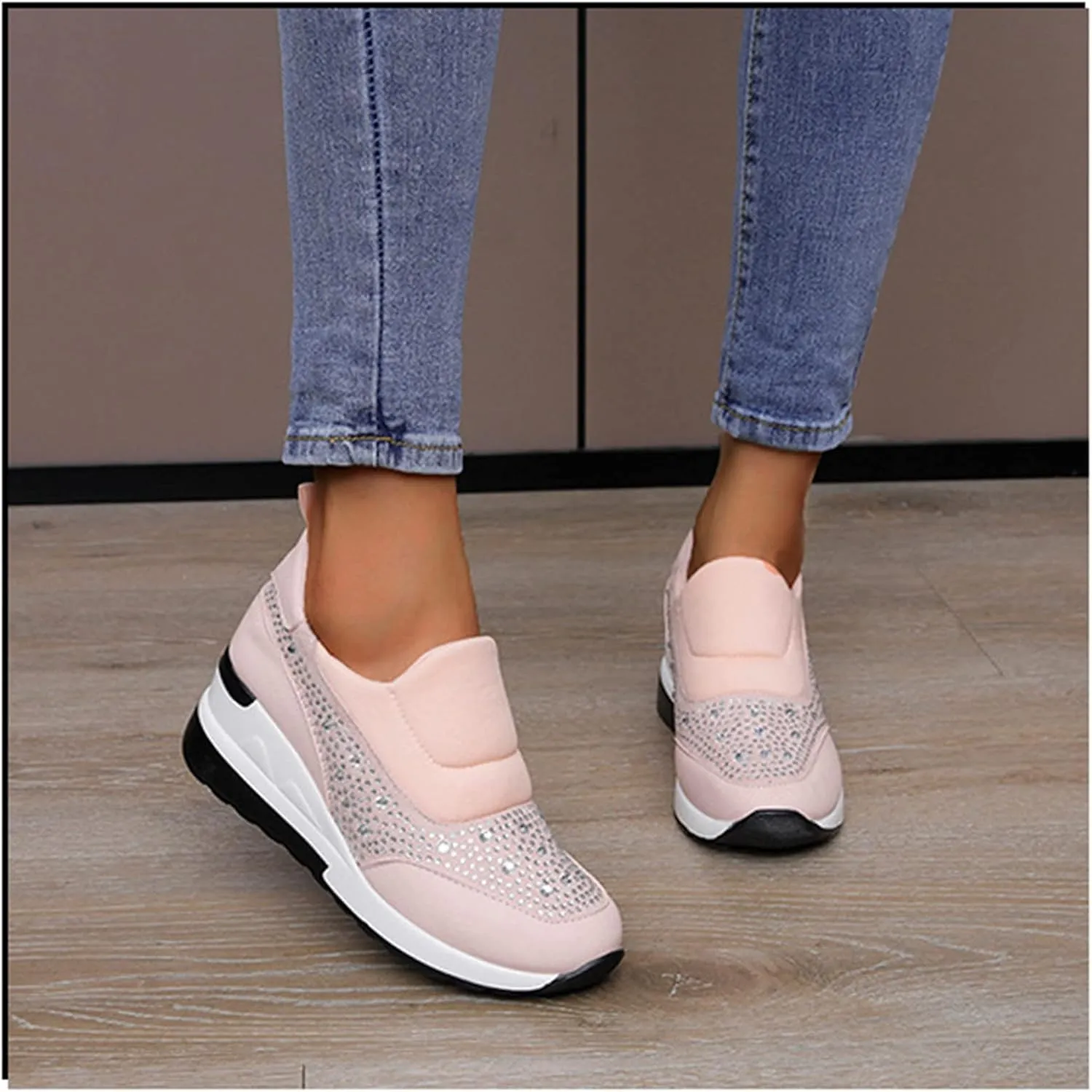 Women's Casual Shoes Fashion Rhinestones Platform Wedge Slip-on Sneakers Classic Comfort Low Top Walking Booties