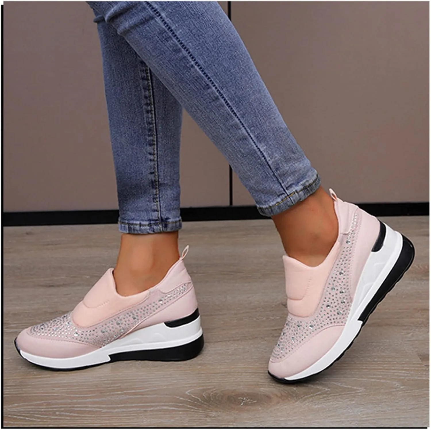 Women's Casual Shoes Fashion Rhinestones Platform Wedge Slip-on Sneakers Classic Comfort Low Top Walking Booties