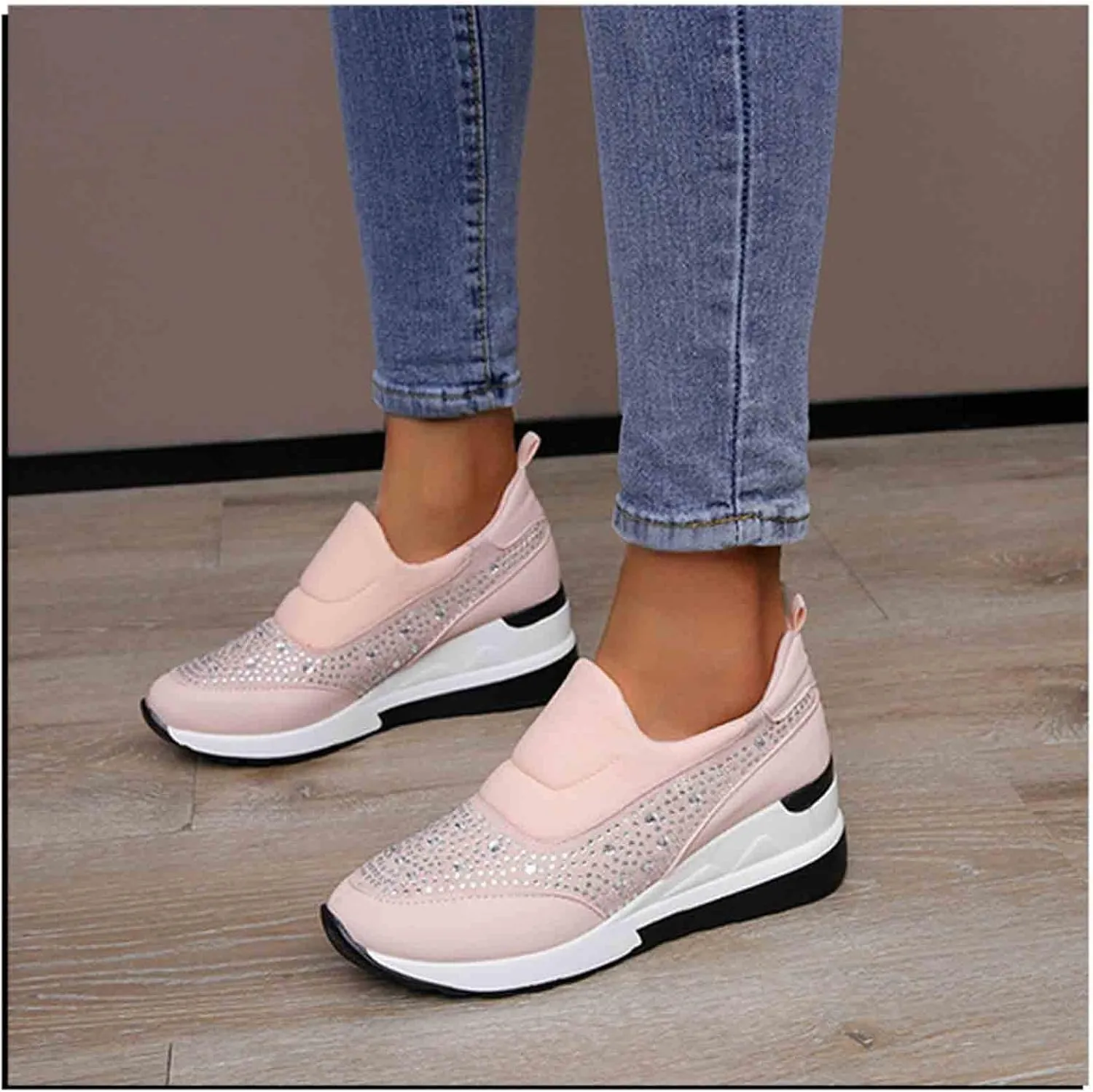 Women's Casual Shoes Fashion Rhinestones Platform Wedge Slip-on Sneakers Classic Comfort Low Top Walking Booties
