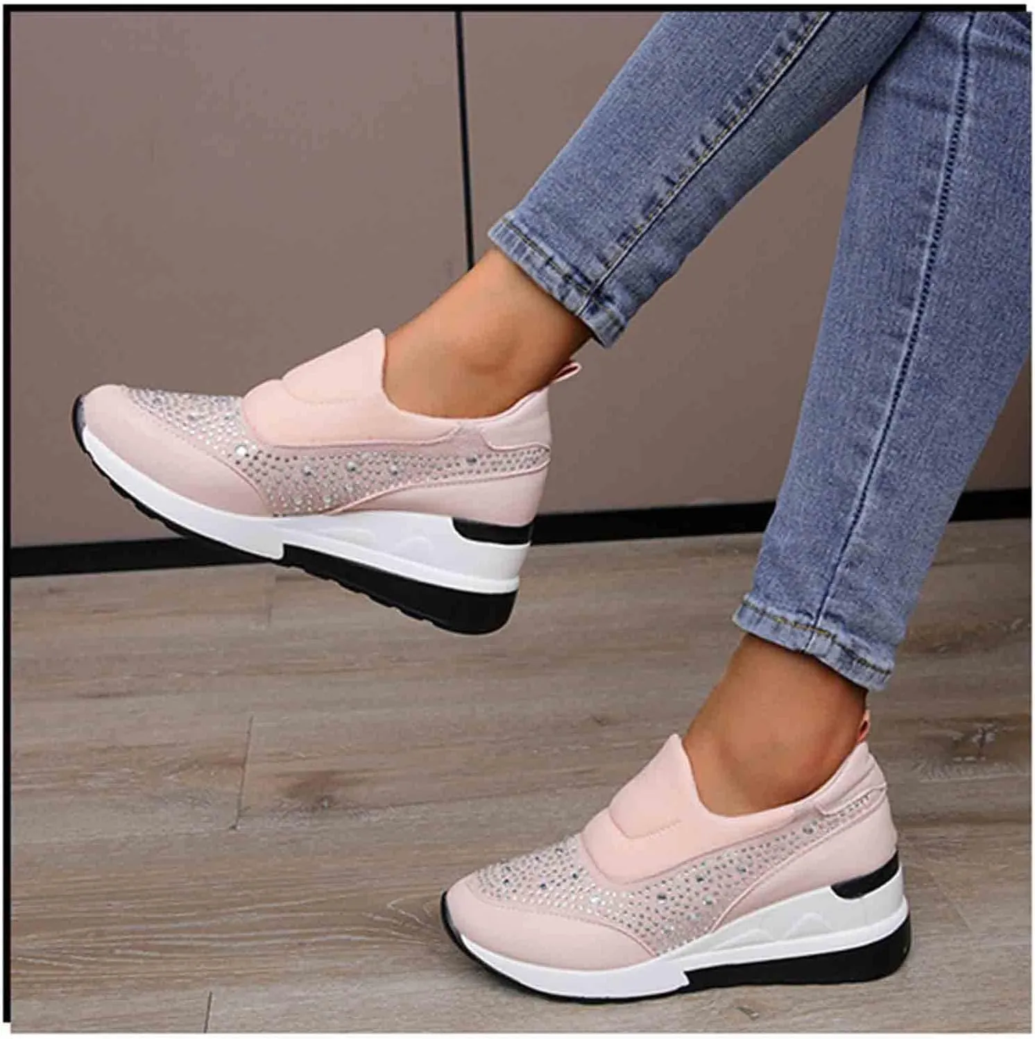 Women's Casual Shoes Fashion Rhinestones Platform Wedge Slip-on Sneakers Classic Comfort Low Top Walking Booties