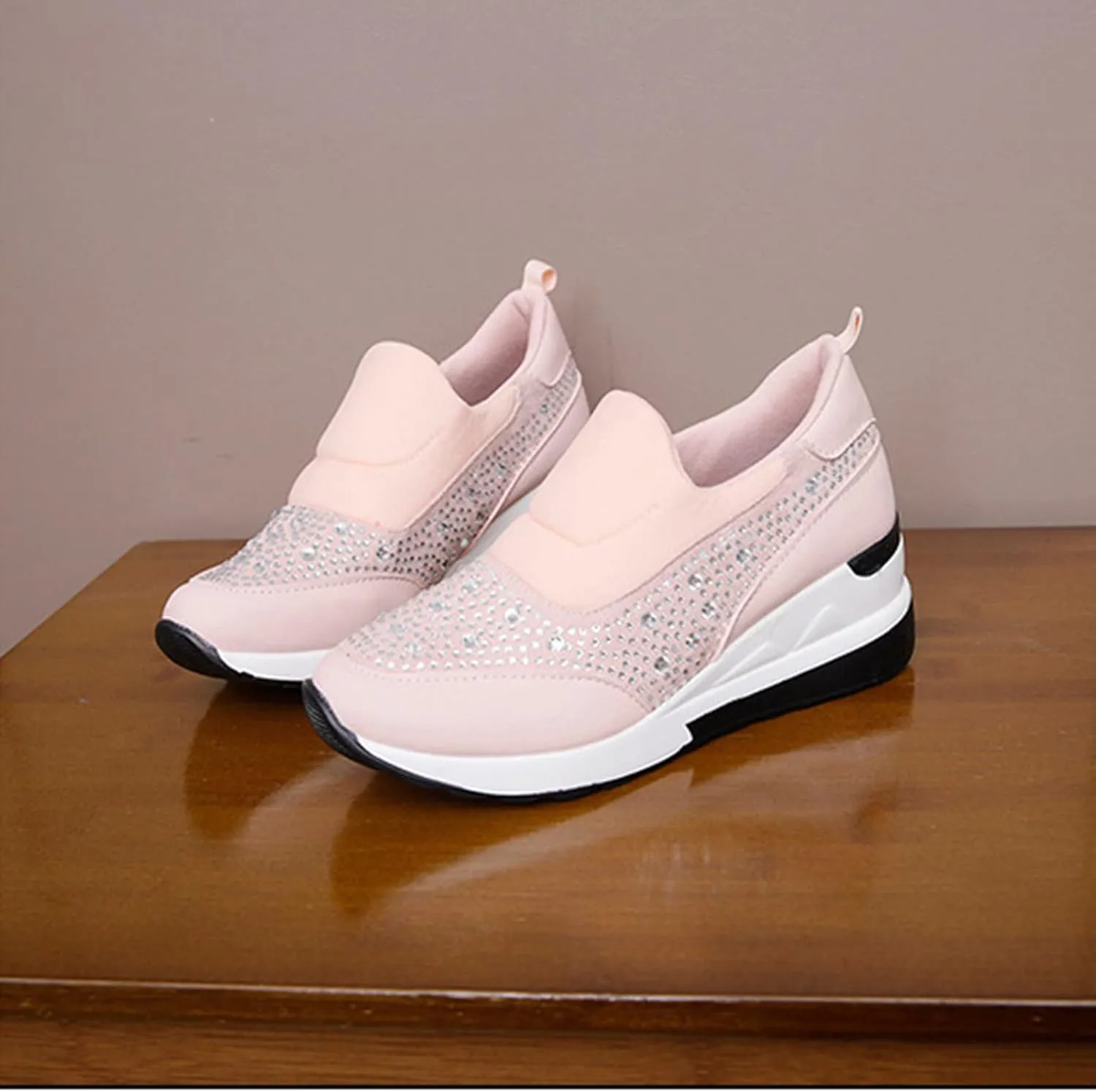 Women's Casual Shoes Fashion Rhinestones Platform Wedge Slip-on Sneakers Classic Comfort Low Top Walking Booties