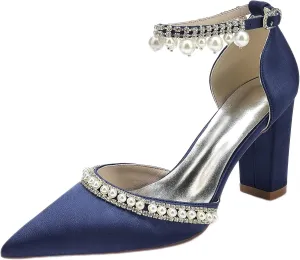 Women's Chunky Block High Heels Pointed Toe Satin Sandals Ankle Strap Dress Shoes Wedding Party Pump with Pearl