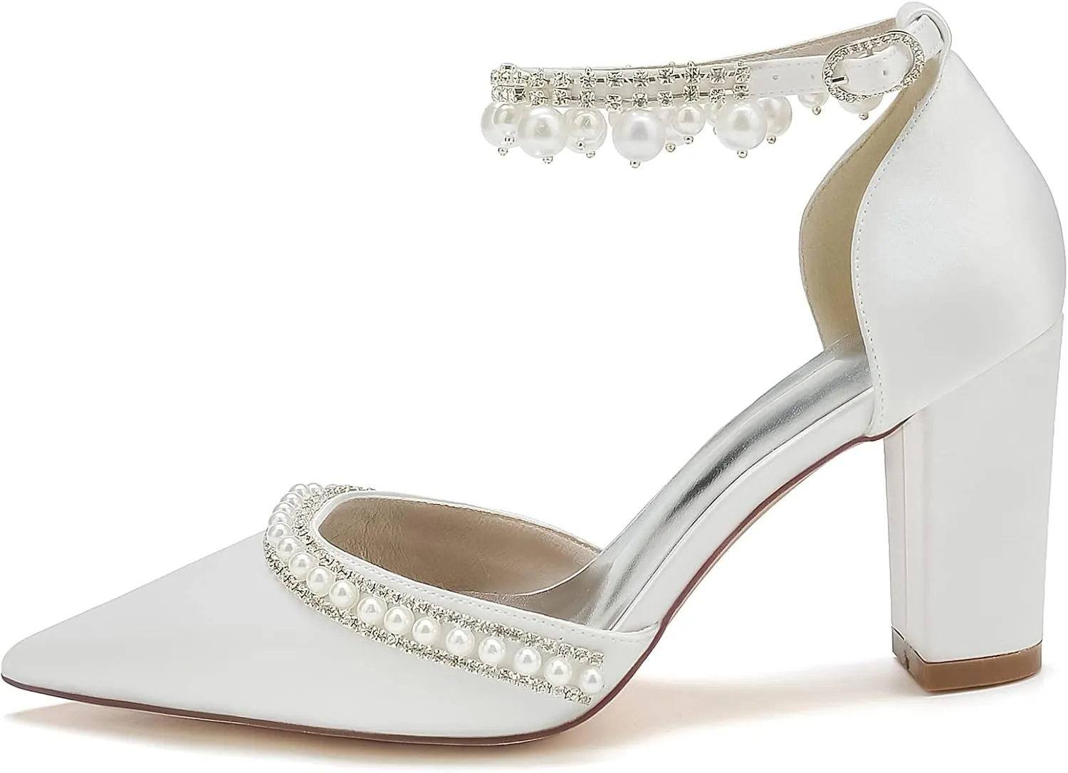 Women's Chunky Block High Heels Pointed Toe Satin Sandals Ankle Strap Dress Shoes Wedding Party Pump with Pearl