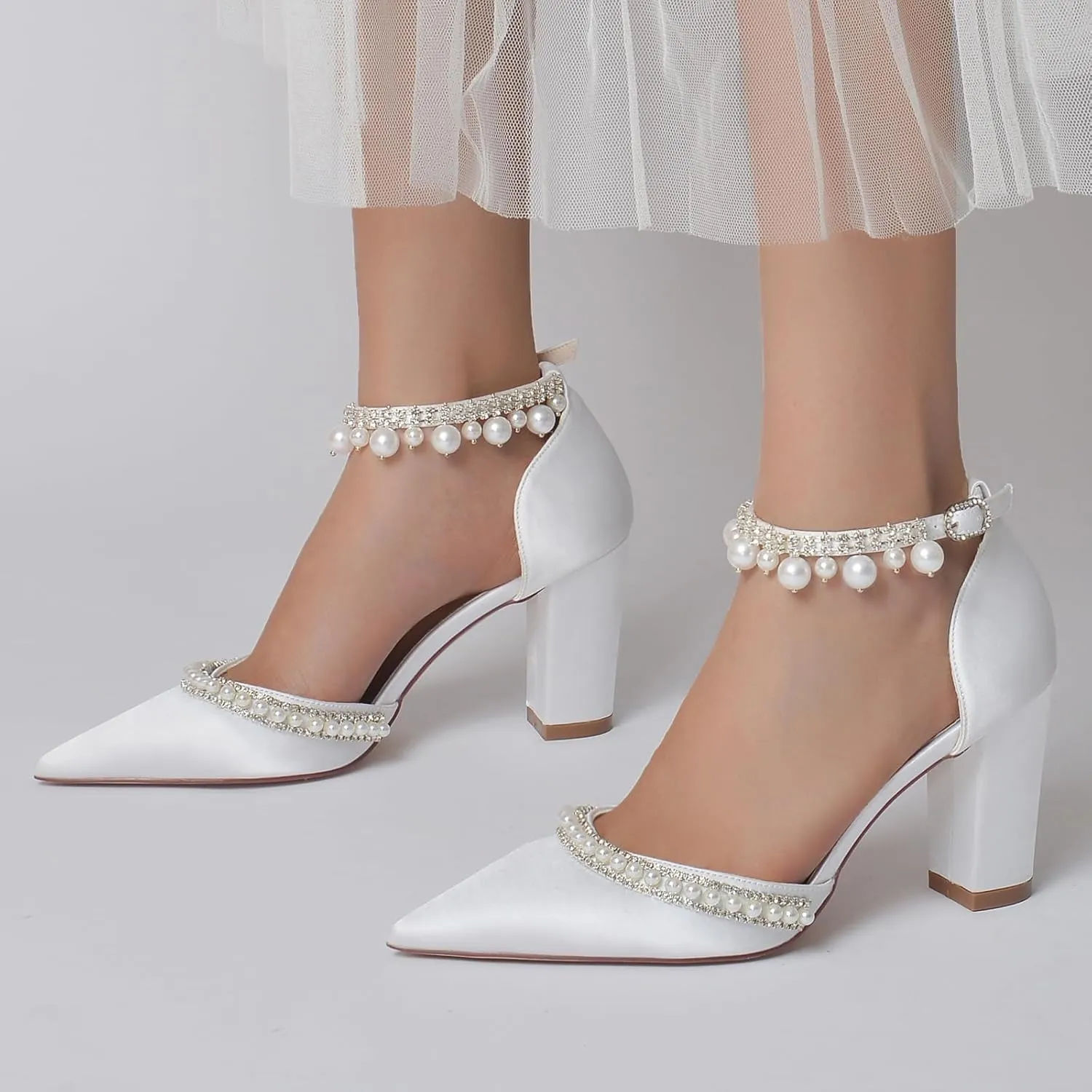 Women's Chunky Block High Heels Pointed Toe Satin Sandals Ankle Strap Dress Shoes Wedding Party Pump with Pearl