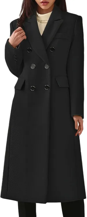 Women's Classic Notched Lapel Double-Breasted Warm Pea Coat Overcoat with Pockets
