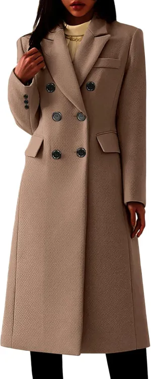 Women's Classic Notched Lapel Double-Breasted Warm Pea Coat Overcoat with Pockets