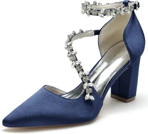 Women's Closed Toe Satin High Heels Chunky Block Ankle Strap Rhinestones Wedding Pumps Prom Evening Party Dress Shoes Sandal