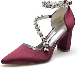 Women's Closed Toe Satin High Heels Chunky Block Ankle Strap Rhinestones Wedding Pumps Prom Evening Party Dress Shoes Sandal