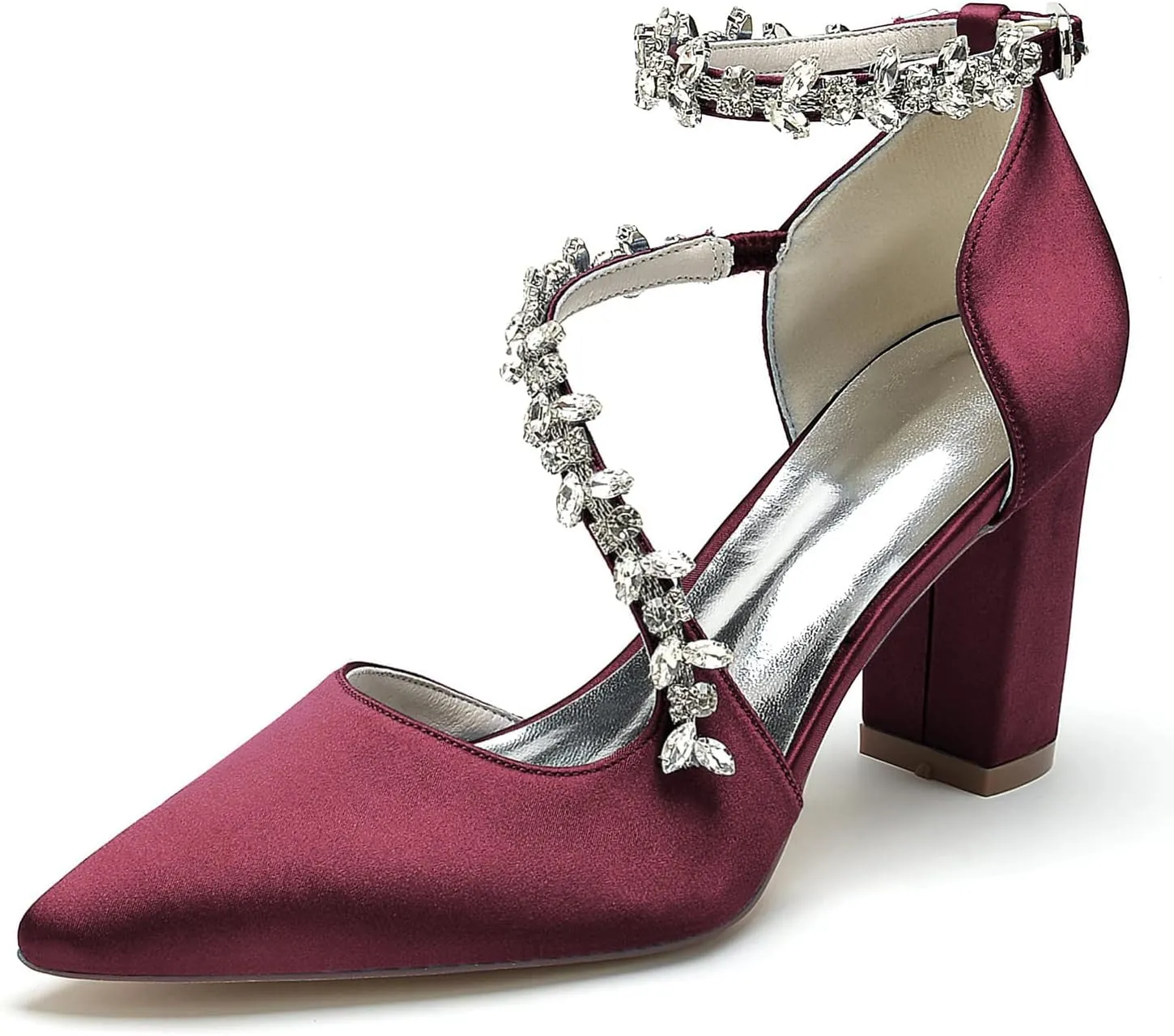 Women's Closed Toe Satin High Heels Chunky Block Ankle Strap Rhinestones Wedding Pumps Prom Evening Party Dress Shoes Sandal