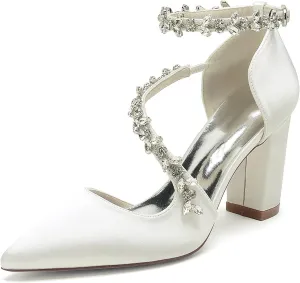 Women's Closed Toe Satin High Heels Chunky Block Ankle Strap Rhinestones Wedding Pumps Prom Evening Party Dress Shoes Sandal