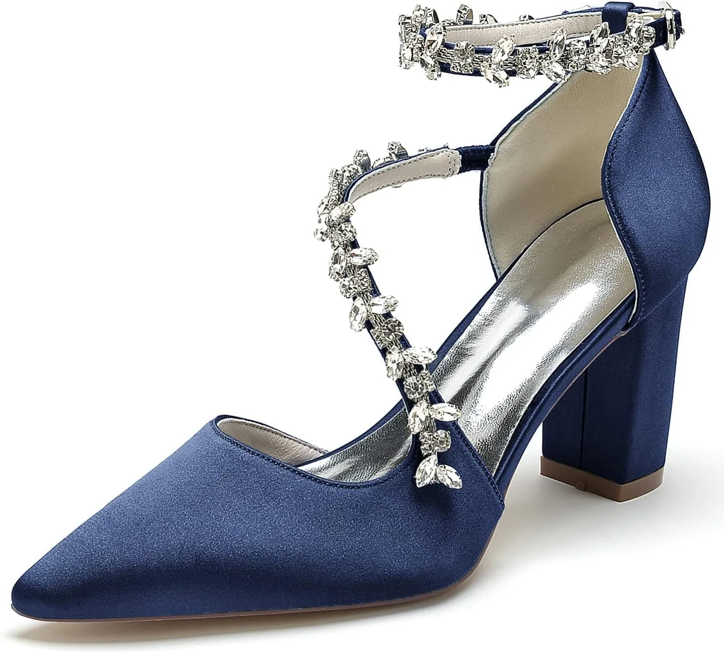 Women's Closed Toe Satin High Heels Chunky Block Ankle Strap Rhinestones Wedding Pumps Prom Evening Party Dress Shoes Sandal