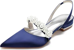 Women's Closed Toe Satin Pearl Wedding Flats Slingback Flats for Bride Prom Evening Bridal Party Dress Flats