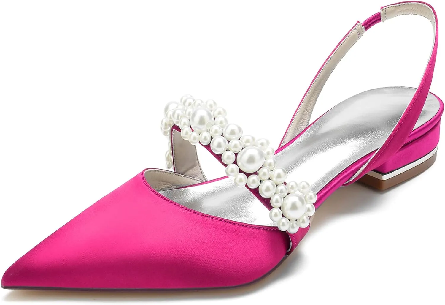 Women's Closed Toe Satin Pearl Wedding Flats Slingback Flats for Bride Prom Evening Bridal Party Dress Flats