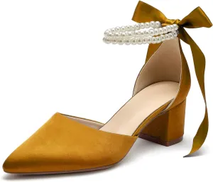 Women's Closed Toe Wedding Shoes Chunky Block Heels with Pearls Satin Pumps Ankle Strap Prom Evening Party Shoes