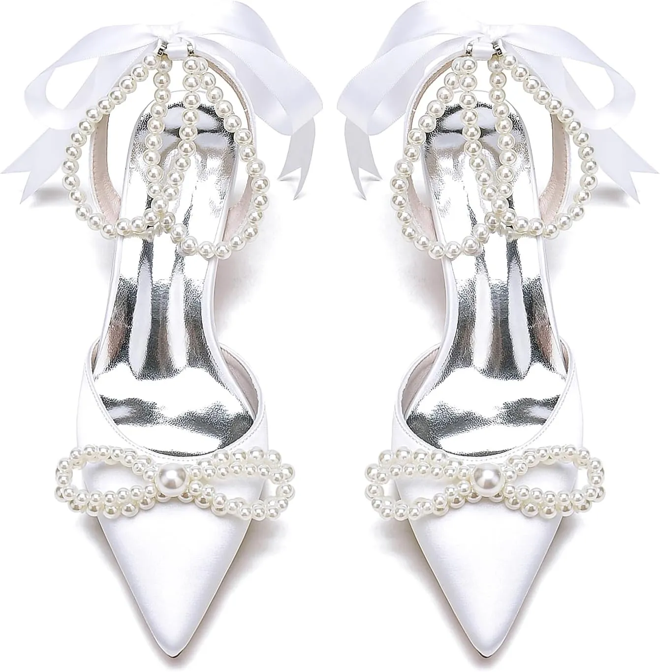 Women's Closed Toe Wedding Shoes Pearls Low Heel Slingback Kitten Heels Pointed Toe Bow Pumps High Heeled Prom Dress Shoes Sandals