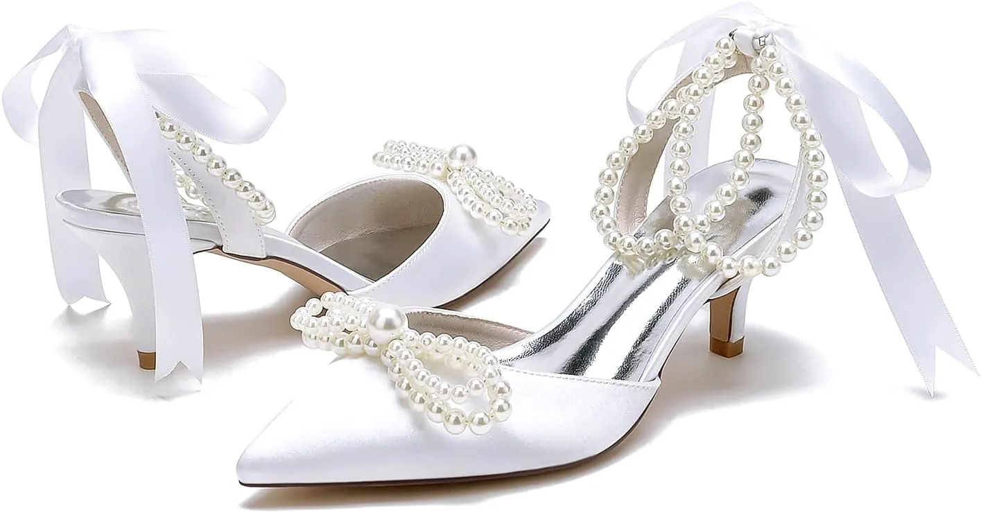 Women's Closed Toe Wedding Shoes Pearls Low Heel Slingback Kitten Heels Pointed Toe Bow Pumps High Heeled Prom Dress Shoes Sandals