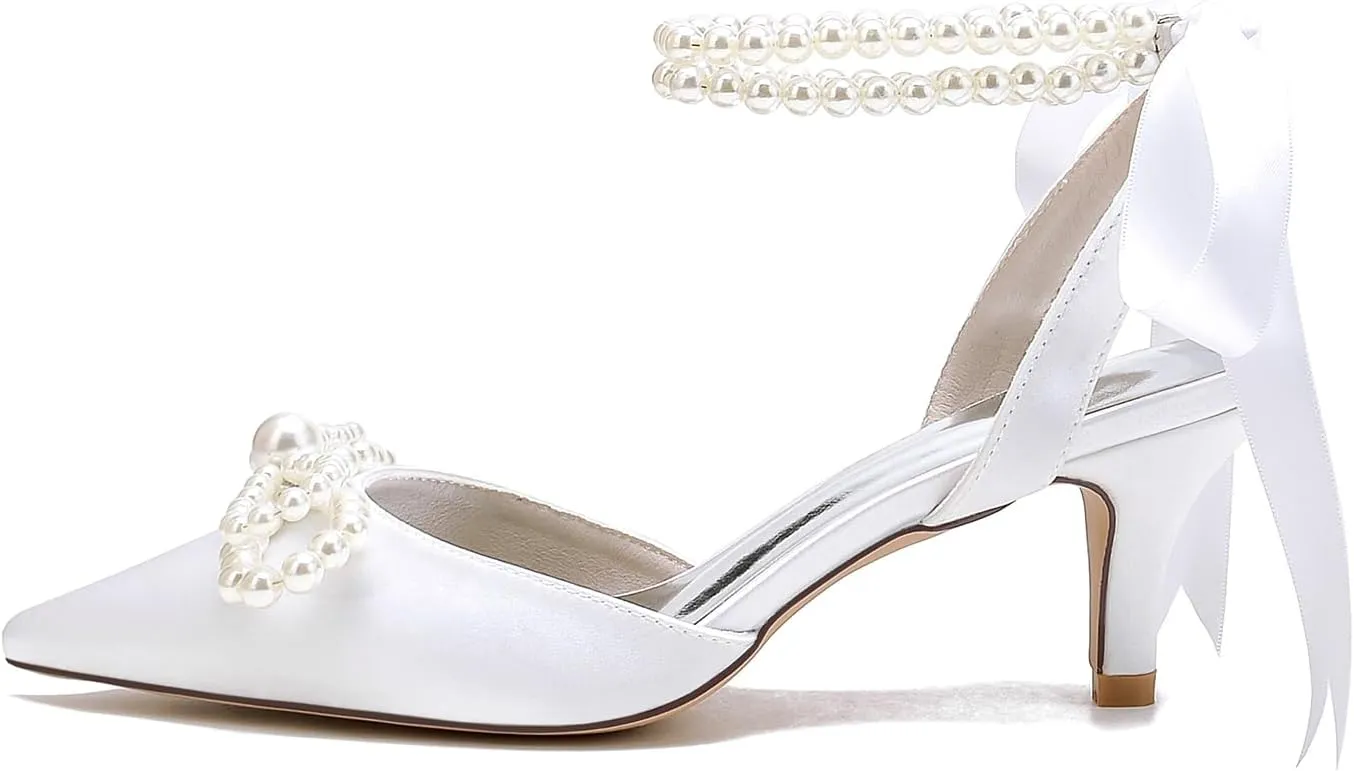 Women's Closed Toe Wedding Shoes Pearls Low Heel Slingback Kitten Heels Pointed Toe Bow Pumps High Heeled Prom Dress Shoes Sandals