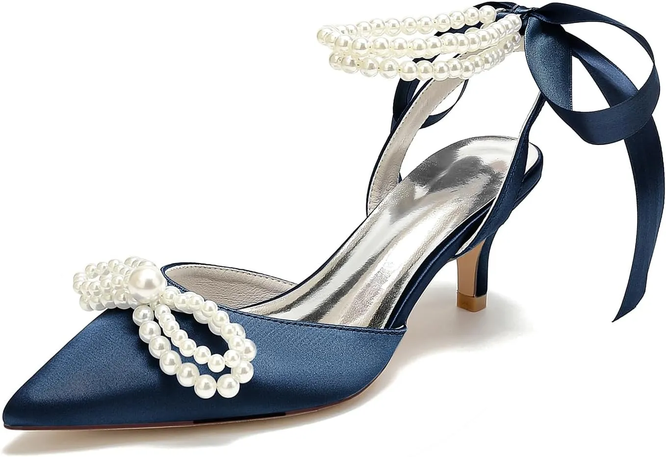 Women's Closed Toe Wedding Shoes Pearls Low Heel Slingback Kitten Heels Pointed Toe Bow Pumps High Heeled Prom Dress Shoes Sandals