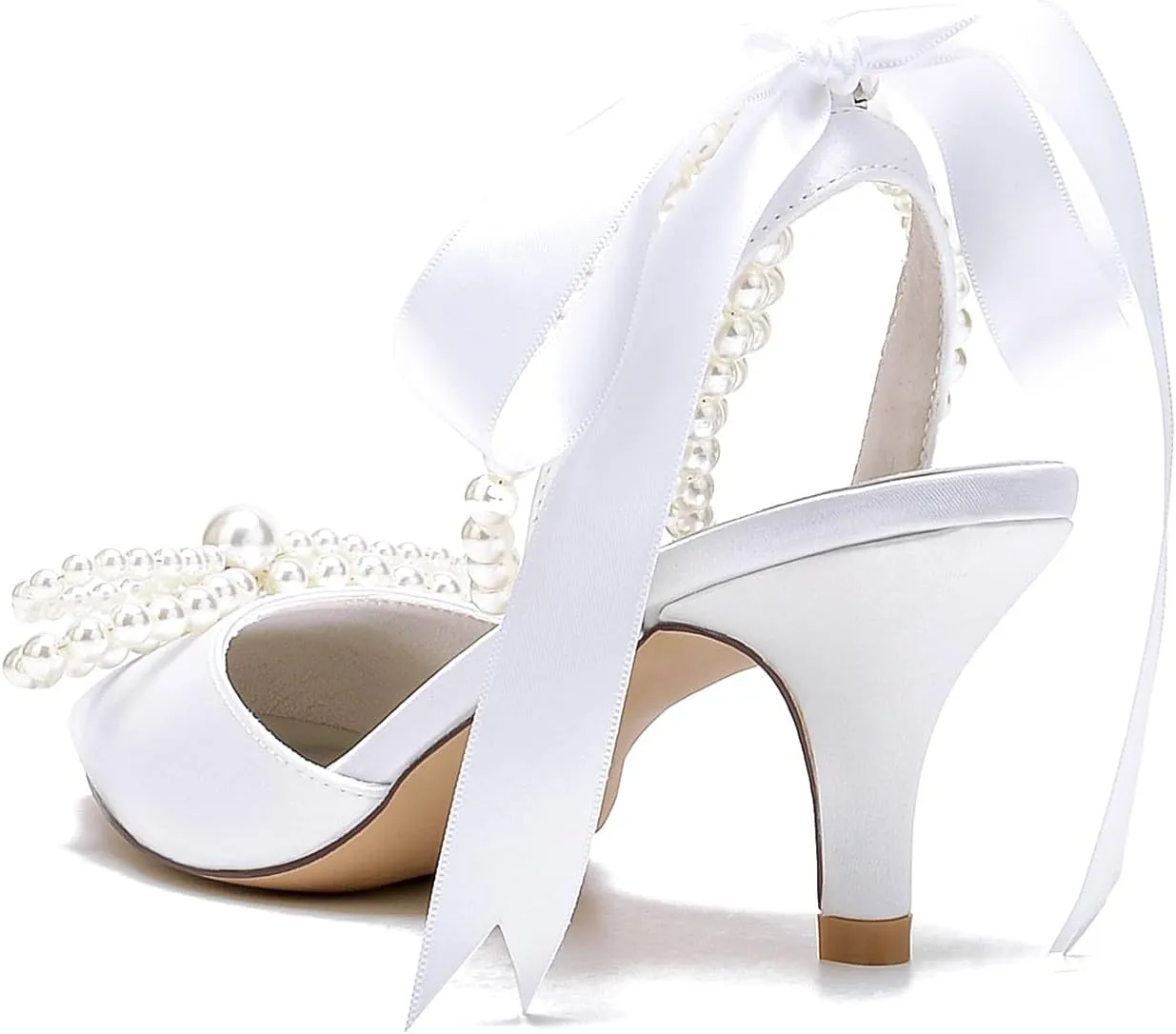 Women's Closed Toe Wedding Shoes Pearls Low Heel Slingback Kitten Heels Pointed Toe Bow Pumps High Heeled Prom Dress Shoes Sandals