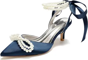 Women's Closed Toe Wedding Shoes Pearls Low Heel Slingback Kitten Heels Pointed Toe Bow Pumps High Heeled Prom Dress Shoes Sandals