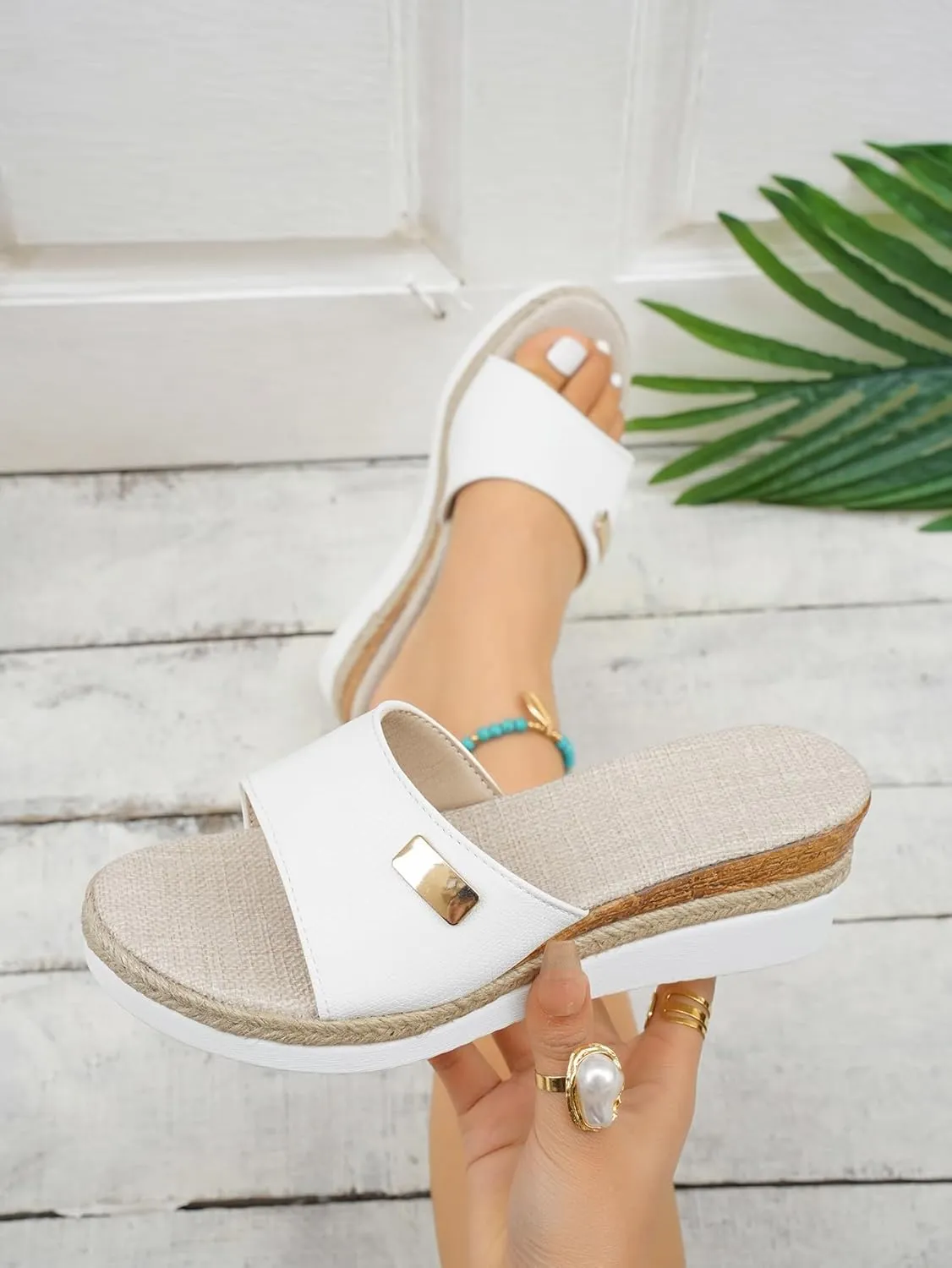 Women's Comfortable Peep Toe Platform Slides Backless Espadrille Slide Sandals Flatform Slides Slip on Platform Wedge Slide Sandals Arch Support for Walking