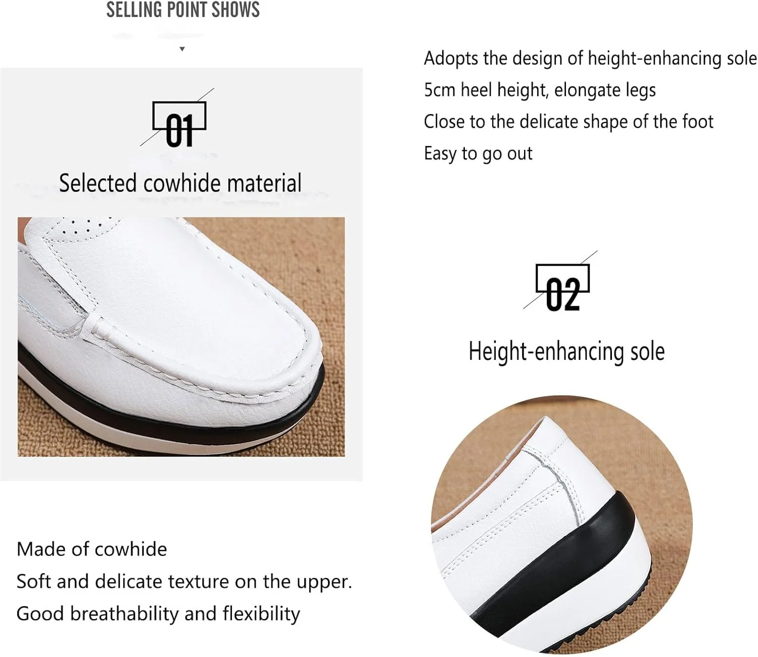 Women's Comfortable Platform Leather Wedge Walking Shoes Fashion Thick Sole Non-Slip Soft Casual Loafers with Arch Support