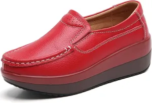 Women's Comfortable Platform Leather Wedge Walking Shoes Fashion Thick Sole Non-Slip Soft Casual Loafers with Arch Support