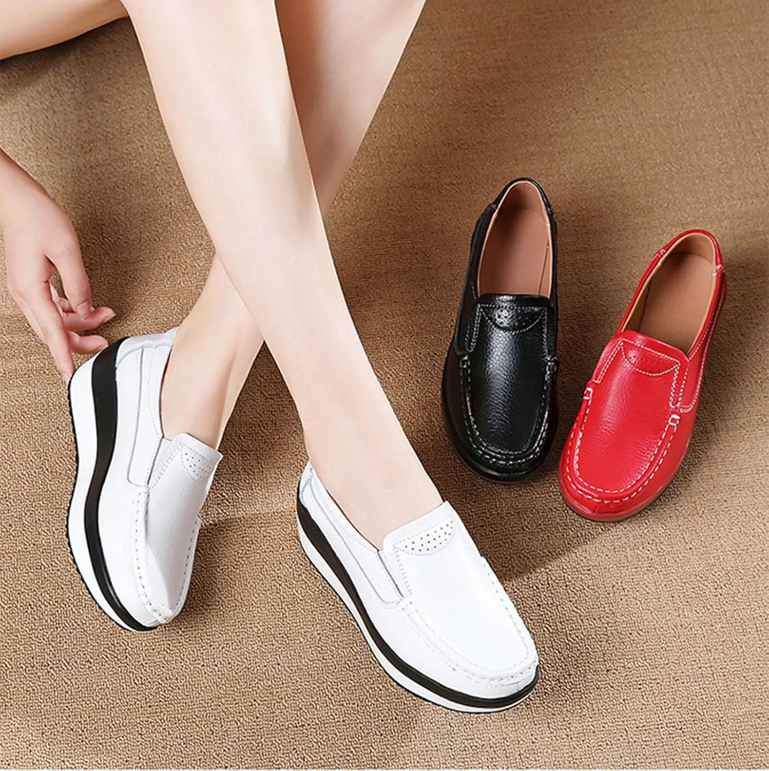 Women's Comfortable Platform Leather Wedge Walking Shoes Fashion Thick Sole Non-Slip Soft Casual Loafers with Arch Support