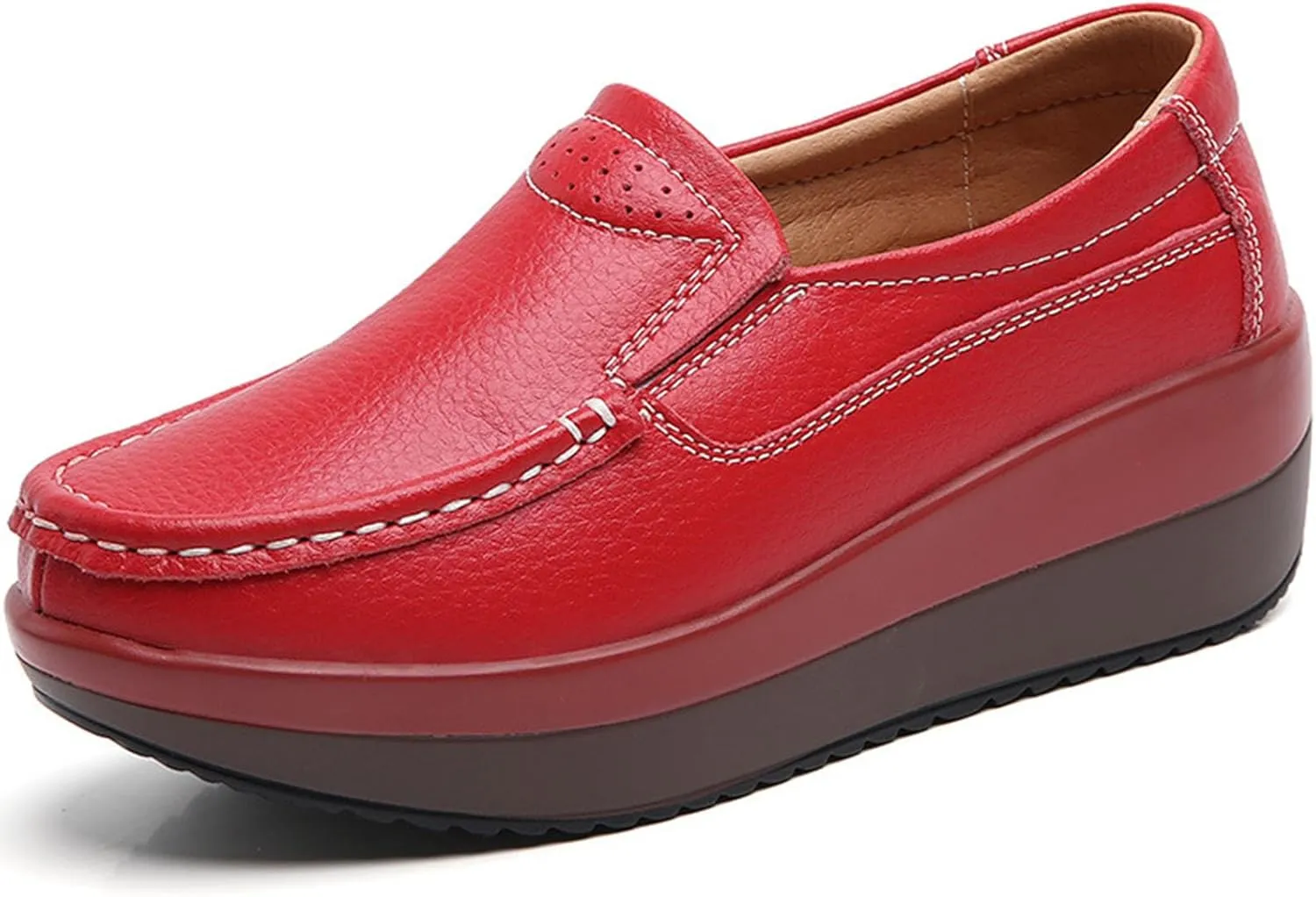 Women's Comfortable Platform Leather Wedge Walking Shoes Fashion Thick Sole Non-Slip Soft Casual Loafers with Arch Support