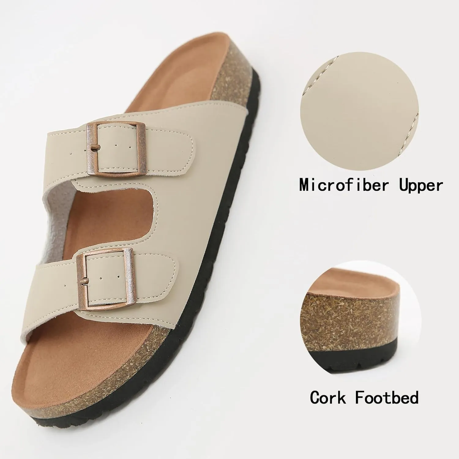Womens Cork Footbed Slide Sandals, Open Toe Slides Sandals Adjustable Buckle Summer Beach Sandals with Arch Support