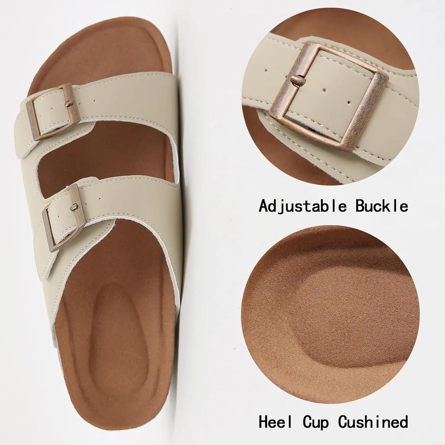 Womens Cork Footbed Slide Sandals, Open Toe Slides Sandals Adjustable Buckle Summer Beach Sandals with Arch Support