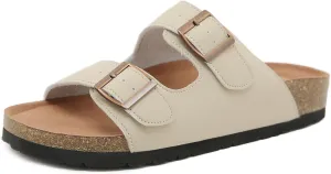 Womens Cork Footbed Slide Sandals, Open Toe Slides Sandals Adjustable Buckle Summer Beach Sandals with Arch Support