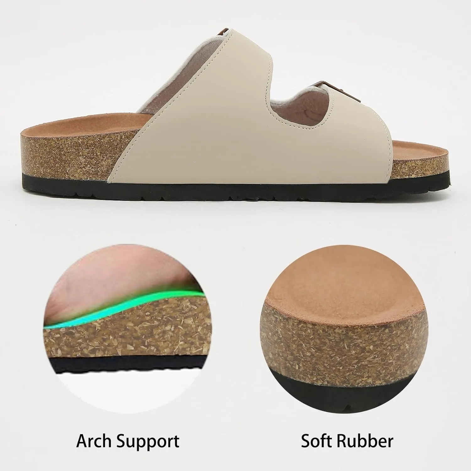 Womens Cork Footbed Slide Sandals, Open Toe Slides Sandals Adjustable Buckle Summer Beach Sandals with Arch Support