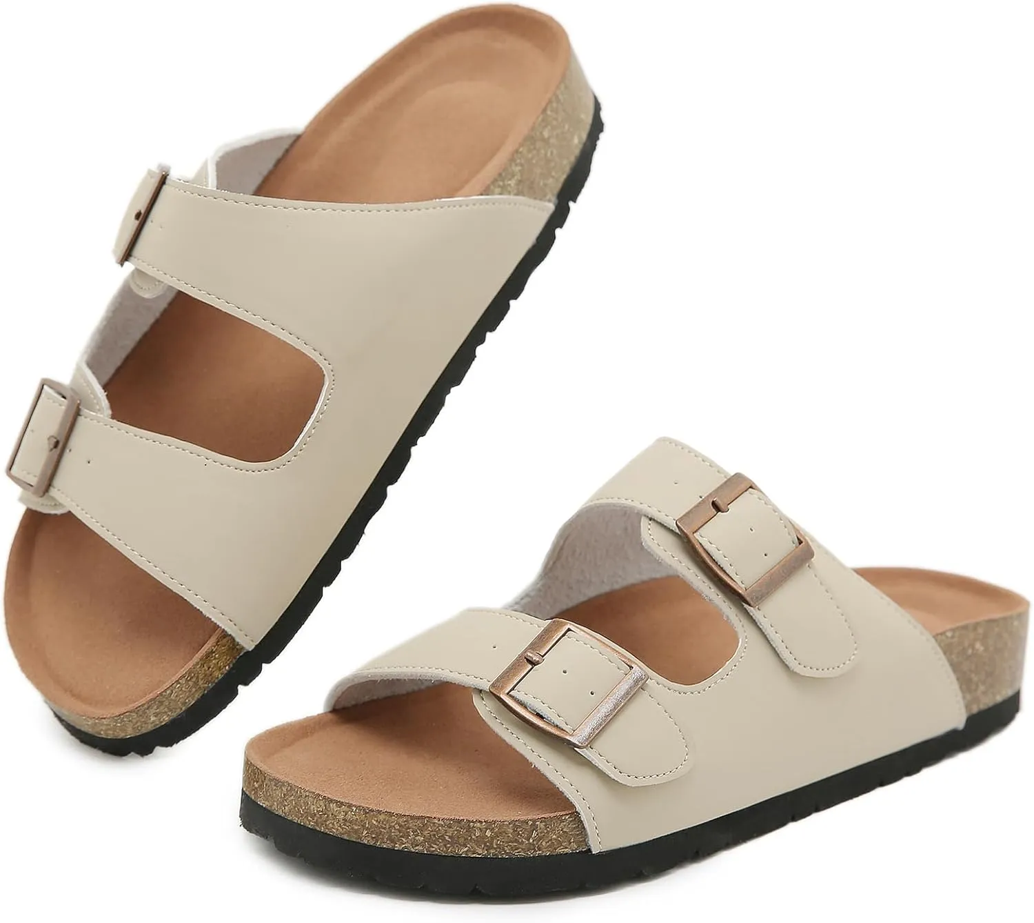 Womens Cork Footbed Slide Sandals, Open Toe Slides Sandals Adjustable Buckle Summer Beach Sandals with Arch Support