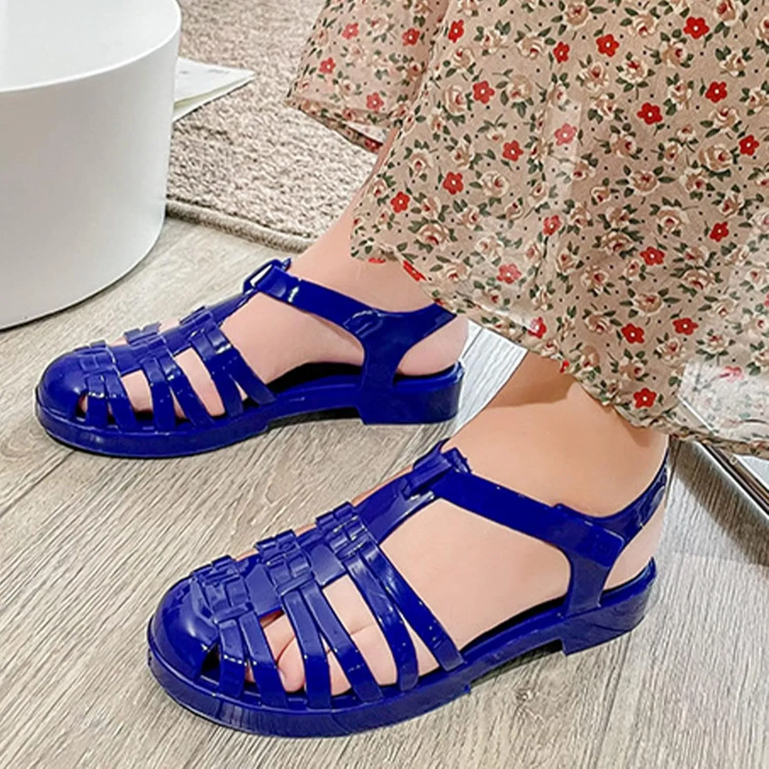 Women's Crystal Jelly Low Heel Sandals,Summer New Closed Toe Slingback Ankle Strap Sheer Soft Fisherman Beach Shoes