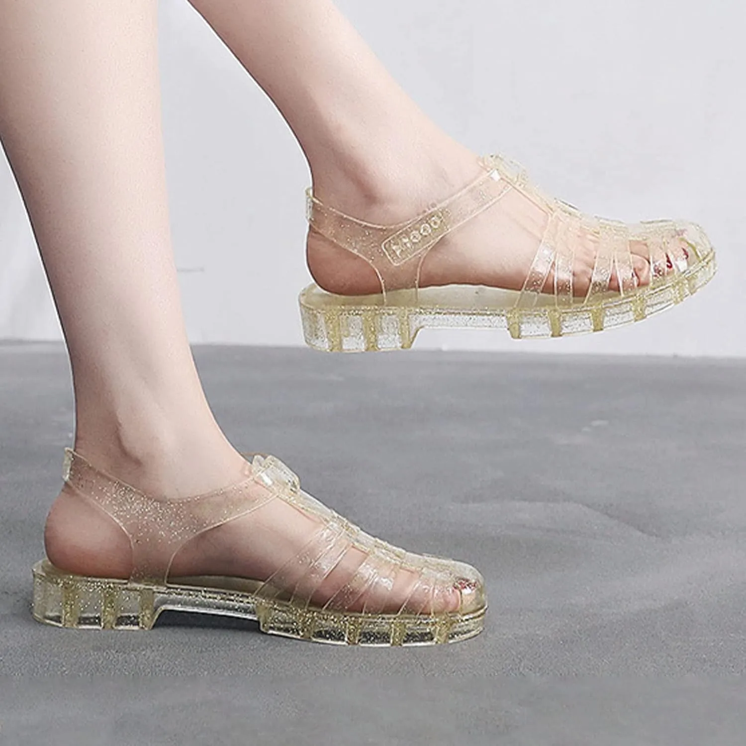 Women's Crystal Jelly Low Heel Sandals,Summer New Closed Toe Slingback Ankle Strap Sheer Soft Fisherman Beach Shoes