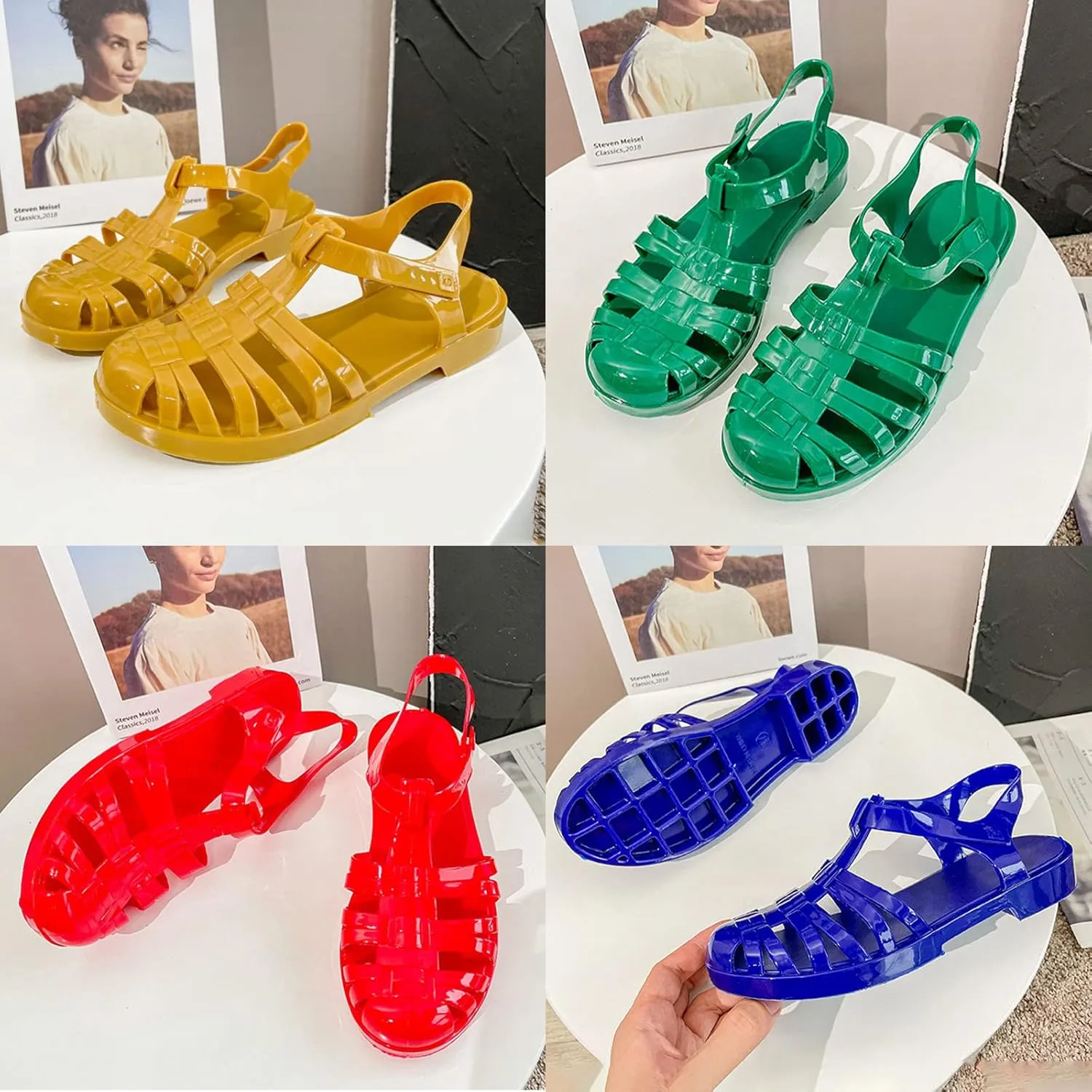 Women's Crystal Jelly Low Heel Sandals,Summer New Closed Toe Slingback Ankle Strap Sheer Soft Fisherman Beach Shoes