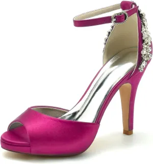 Women's Crystal Peep Toe High Heels Satin Wedding Bridal Shoes Rhinestones Sandals Prom Evening Formal Party Dress Pumps