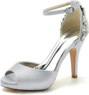 Women's Crystal Peep Toe High Heels Satin Wedding Bridal Shoes Rhinestones Sandals Prom Evening Formal Party Dress Pumps