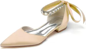 Women's Crystal Pointed Toe Satin Flats Wedding Shoes for Bride Closed Toe Bridal Shoes Ankle Strap Prom Party Dress Pumps with Bow