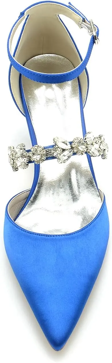 Womens Crystal Pumps Low Kitten Heel Satin Ankle Strap High Heels Pointed Toe Wedding Pumps Party Dress Shoes