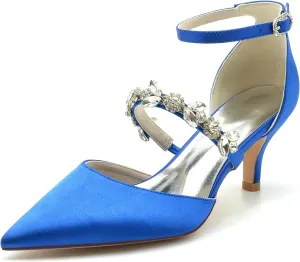 Womens Crystal Pumps Low Kitten Heel Satin Ankle Strap High Heels Pointed Toe Wedding Pumps Party Dress Shoes