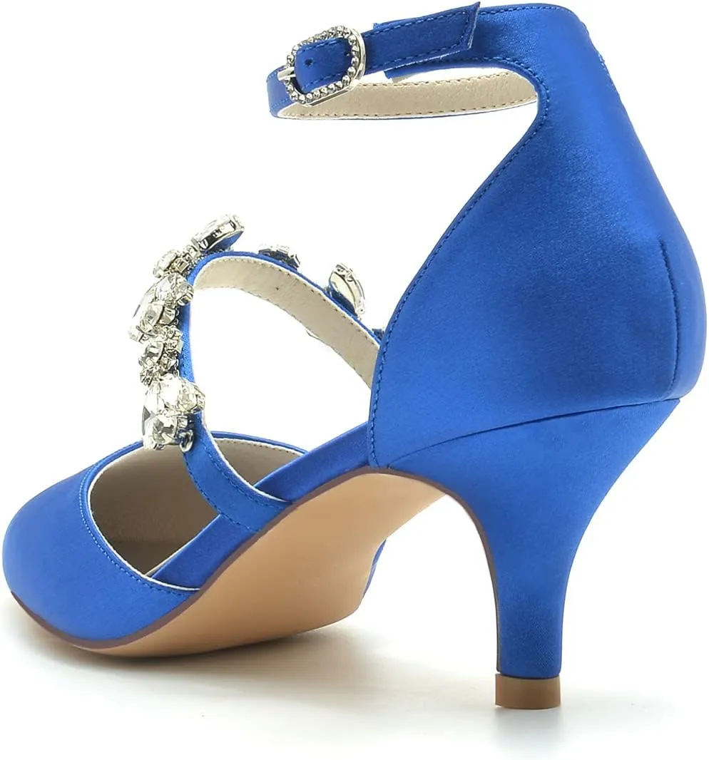 Womens Crystal Pumps Low Kitten Heel Satin Ankle Strap High Heels Pointed Toe Wedding Pumps Party Dress Shoes