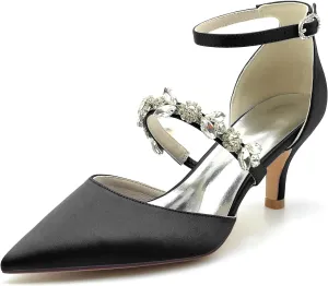 Womens Crystal Pumps Low Kitten Heel Satin Ankle Strap High Heels Pointed Toe Wedding Pumps Party Dress Shoes