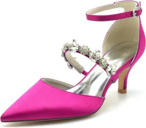 Womens Crystal Pumps Low Kitten Heel Satin Ankle Strap High Heels Pointed Toe Wedding Pumps Party Dress Shoes