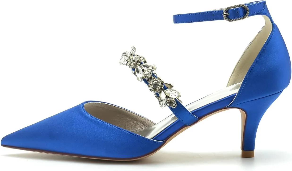 Womens Crystal Pumps Low Kitten Heel Satin Ankle Strap High Heels Pointed Toe Wedding Pumps Party Dress Shoes