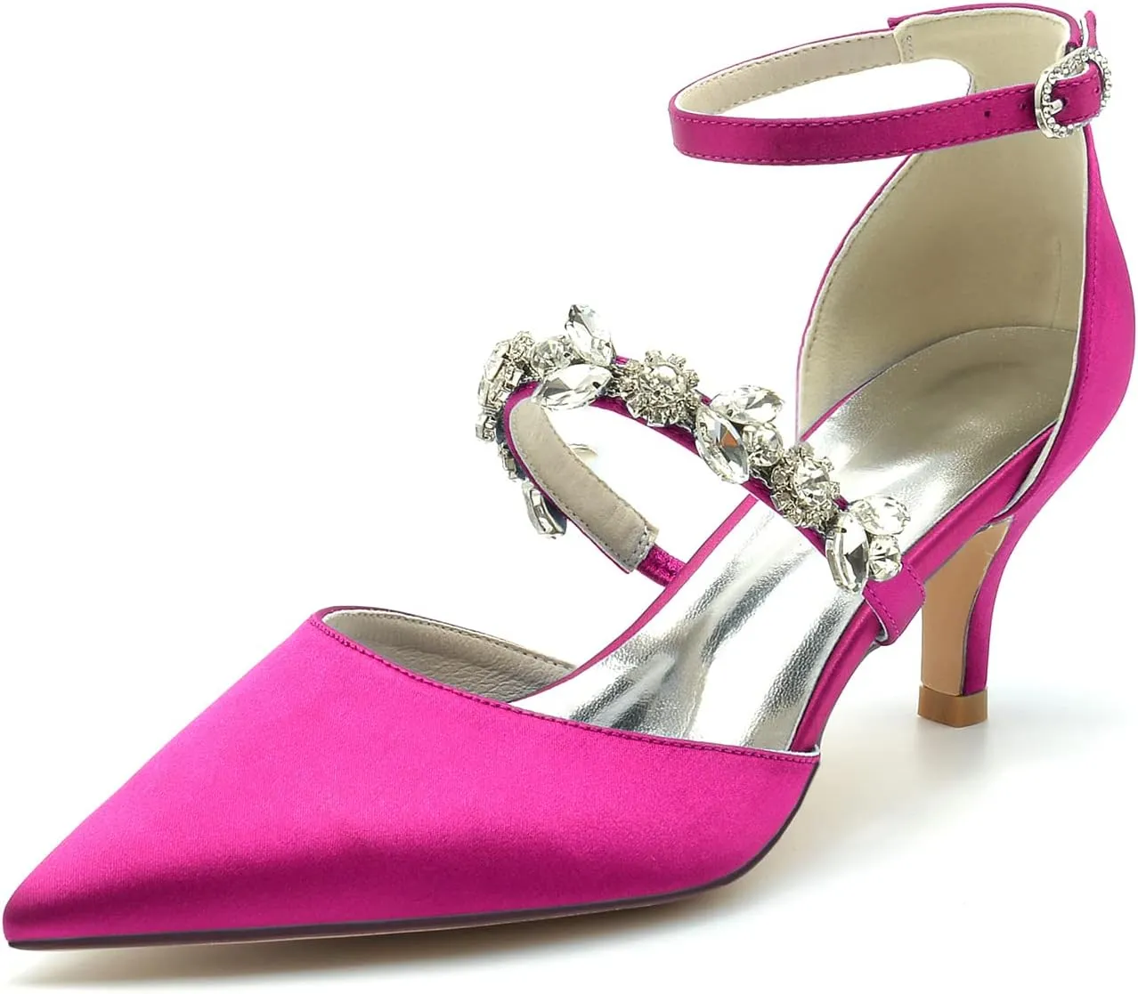 Womens Crystal Pumps Low Kitten Heel Satin Ankle Strap High Heels Pointed Toe Wedding Pumps Party Dress Shoes