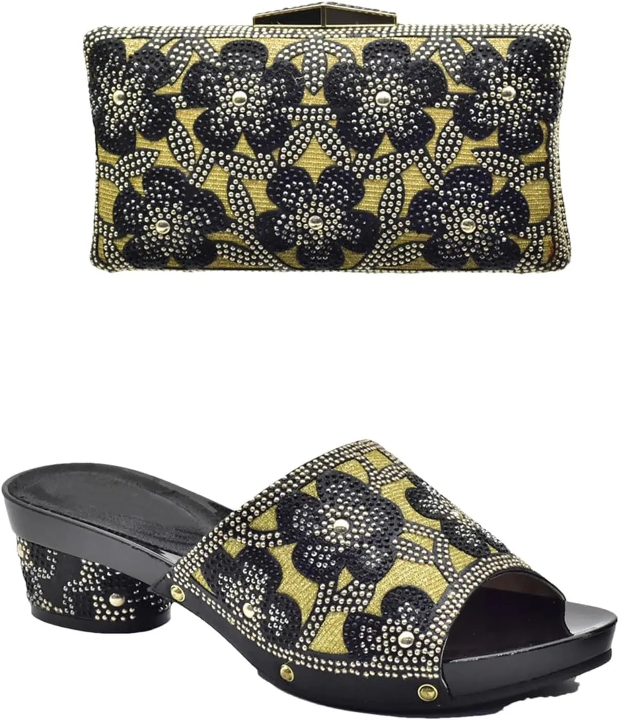 Women's EN8 Color Nigerian Shoe & Bag Set - Italian Rhinestone Pumps & Matching Clutch for African Weddings