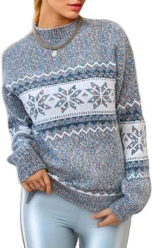 Women's Fall Winter Snow Print Knitted Pullover Sweaters Long Sleeve Crewneck Fair Isle Jumper Tops